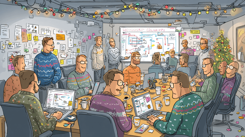Humorous cartoon of a chaotic office with developers surrounded by Agile artifacts like Kanban boards, sticky notes, and burndown charts, reflecting the absurdity of corporate processes.