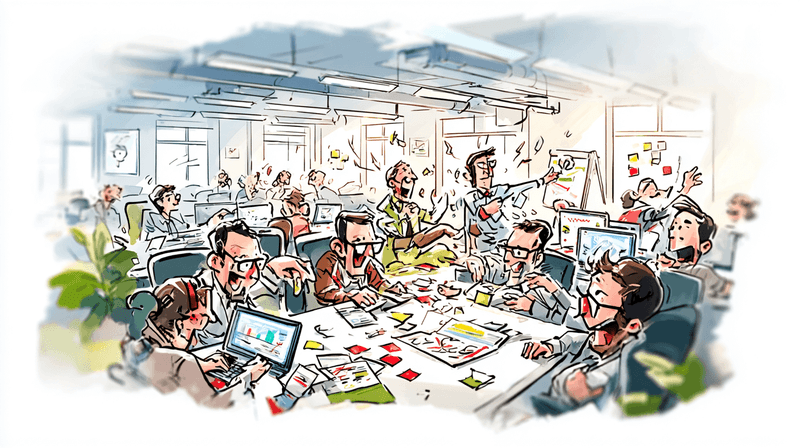 Cartoon illustration of software developers at a desk, surrounded by Agile tools like Kanban boards, burndown charts, and sticky notes, with exaggerated expressions of chaos and humor, capturing the paradoxical nature of Agile methodologies.