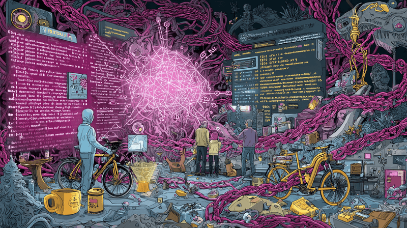 A chaotic illustration of various everyday objects connected by blockchain chains - coffee cups, plants, bicycles, and laptops - with confused developers scratching their heads in the background.
