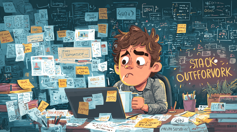 Cartoon of a developer blogger at a desk with a laptop.