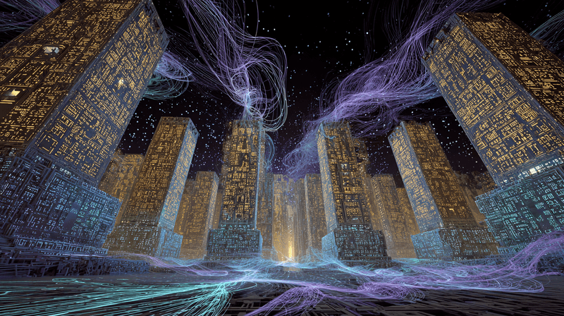 Surreal temple built from glowing code blocks, floating in a void, with ancient runes and rivers of luminous semicolons, symbolizing the mystical pursuit of clean code.