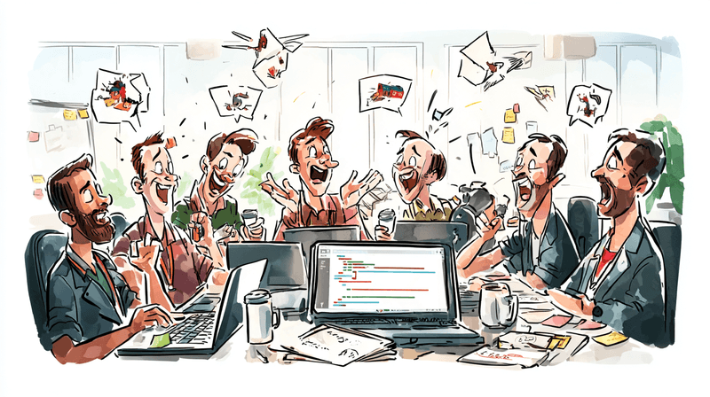 A cartoon illustration of several developers at a desk, reviewing code together with playful, exaggerated expressions.