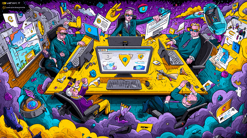 A cartoon illustration of several developers at a desk, reviewing code together with playful, exaggerated expressions.