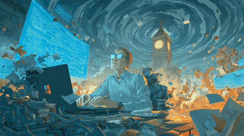 A chaotic illustration of developers tangled in wires, surrounded by error messages and broken Azure logos.