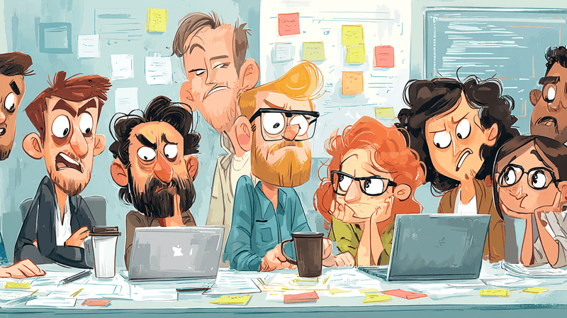 A colorful cartoon illustration of several developers gathered around a cluttered desk, each with exaggerated, playful expressions ranging from frustration to amusement, surrounded by laptops, coffee mugs, and sticky notes, set in a lively modern office environment.